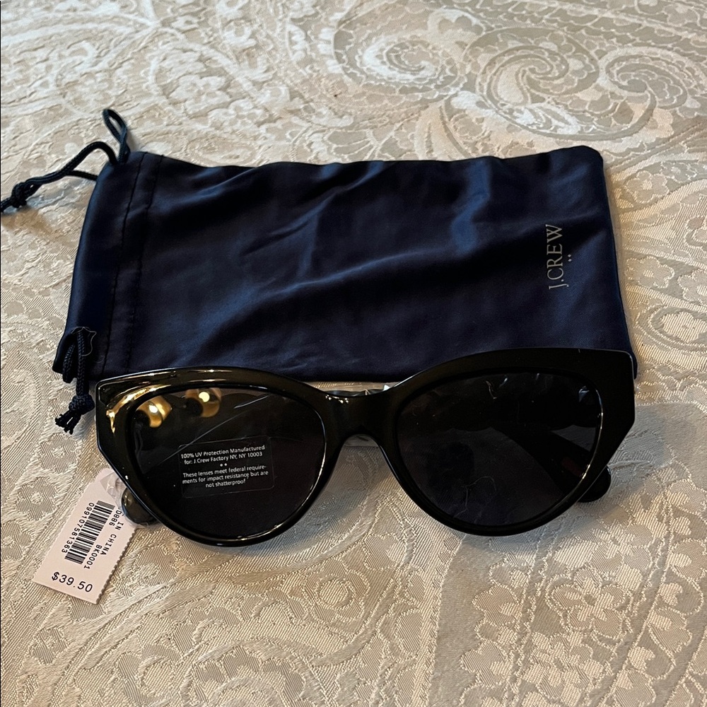 J. Crew Black Cat-Eye Sunglasses with Navy Pouch NWT